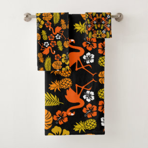 Bright Orange Floral Tropical Patterned Bath Towel Set