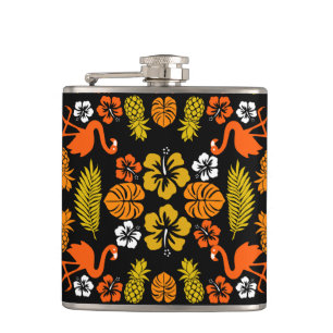 Bright Orange Floral Tropical Patterned Hip Flask