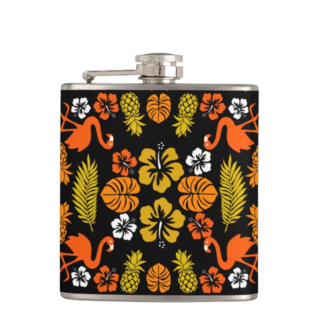 Bright Orange Floral Tropical Patterned Hip Flask (Front)