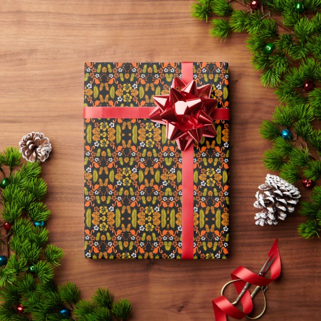 Bright Orange Floral Tropical Patterned Wrapping Paper (Holiday Gift)