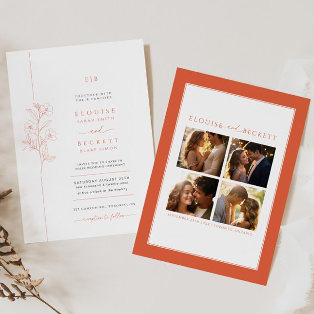 Bright Orange Floral Wedding Invitation With Photo (Creator Uploaded)