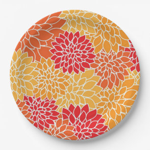 Bright Orange Flower Pattern Paper Plate