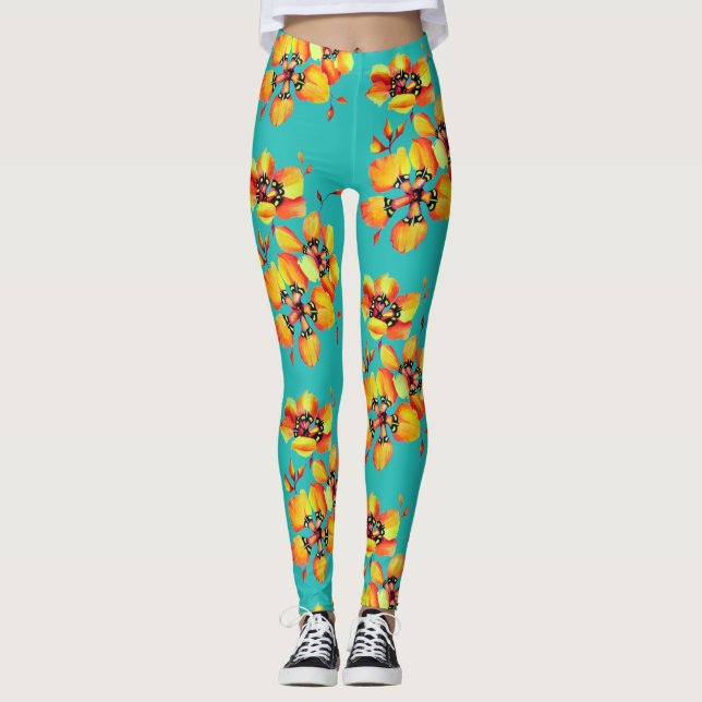 Bright Orange Flowers - Aqua Leggings (Front)