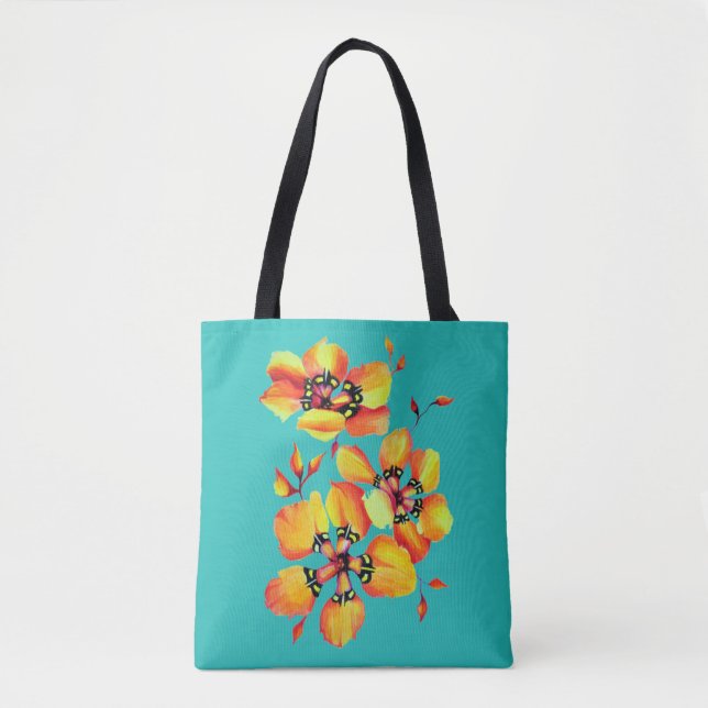 Bright Orange Flowers - Aqua Tote Bag (Front)