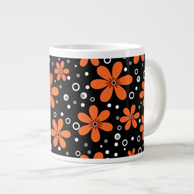 Bright orange flowers on a black background with w large coffee mug (Front Right)