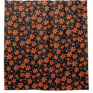 Bright orange flowers on a black background with w shower curtain