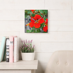 Bright orange flowers square wall clock