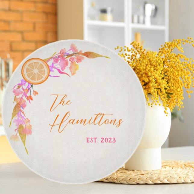 Bright Orange Fruit Floral Established Year Cutting Board (Creator Uploaded)