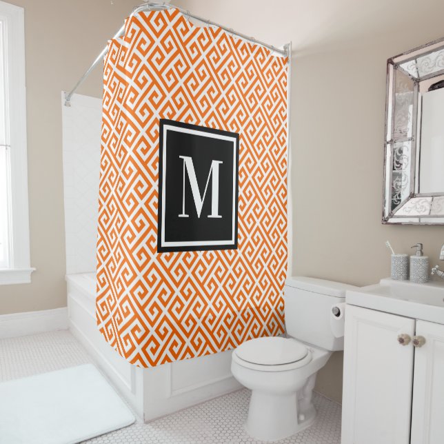 Bright Orange Greek Key Black White Monogram Shower Curtain (In Situ)