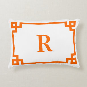 Bright Orange Greek Key Border Monogram Decorative Cushion