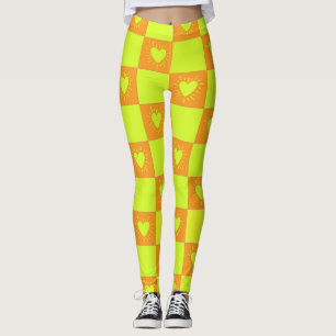 Bright Orange Green Checkered Tile With Hearts Leggings