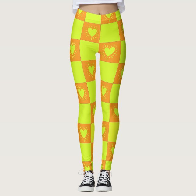 Bright Orange Green Checkered Tile With Hearts Leggings (Front)
