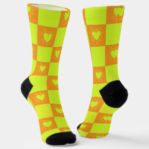 Bright Orange Green Checkered Tile With Hearts Socks