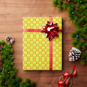 Bright Orange Green Checkered Tile With Hearts Wrapping Paper