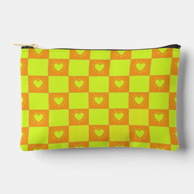 Bright Orange Green Chequered Tile With Hearts Accessory Pouch (Front)