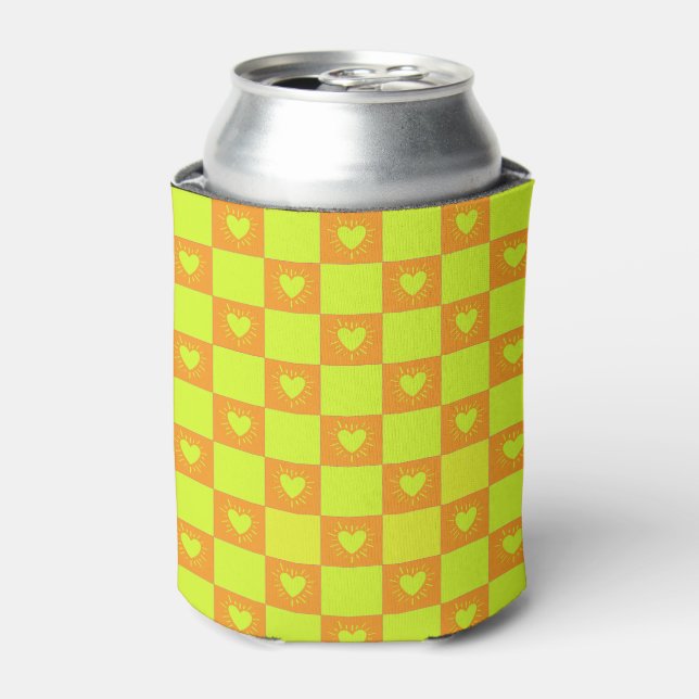 Bright Orange Green Chequered Tile With Hearts Can Cooler (Can Front)