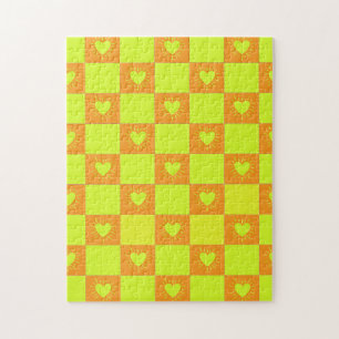 Bright Orange Green Chequered Tile With Hearts Jigsaw Puzzle