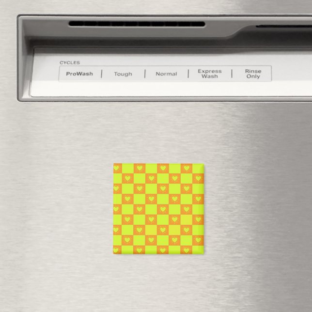 Bright Orange Green Chequered Tile With Hearts Magnet (In Situ (Dishwasher))