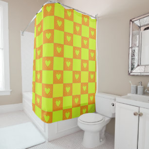 Bright Orange Green Chequered Tile With Hearts Shower Curtain