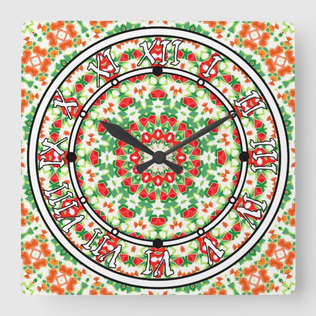 Bright Orange Green Fashionable Bandanna Shawl Square Wall Clock (Front)