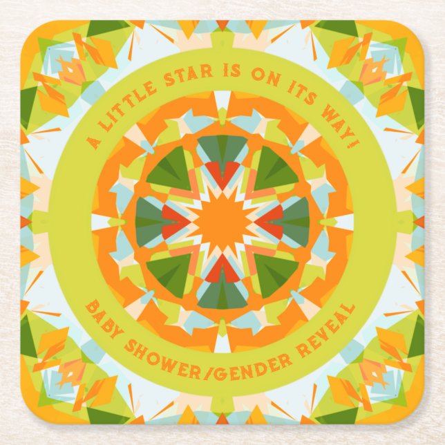 Bright Orange Green Star Baby Girl’s Boy’s Shower Square Paper Coaster (Front)
