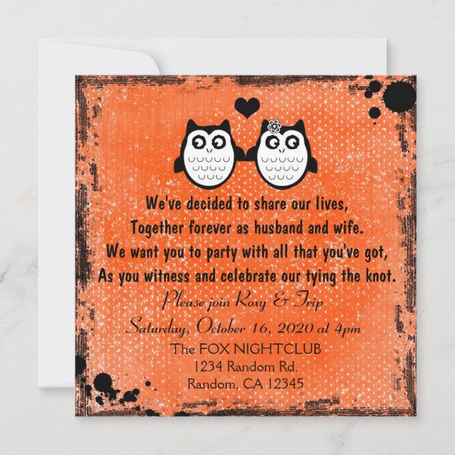 Bright orange grunge owl punk wedding invitations (Front)