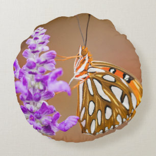 Bright Orange Gulf Fritillary Butterfly Round Cushion