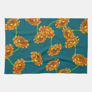 Bright Orange Marigolds on Teal Kitchen Towel