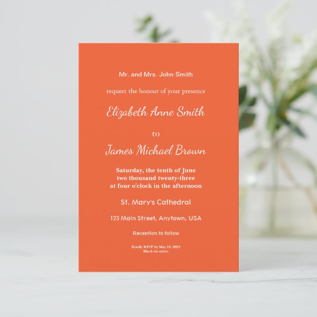 Bright Orange Minimalist Solid Background RSVP Card (Standing Front)