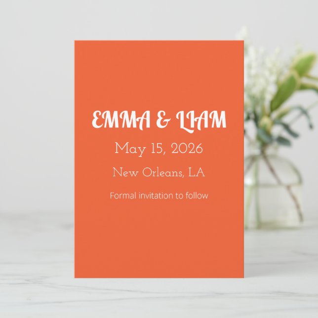 Bright Orange Minimalist Solid Background Save The Date (Standing Front)