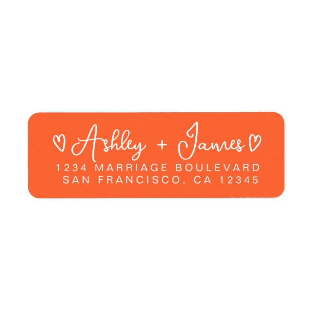 Bright Orange Modern Script Hearts Return Address Label (Front)