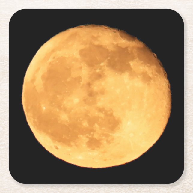Bright Orange Moon Rising Cosmic Night Sky Art Square Paper Coaster (Front)