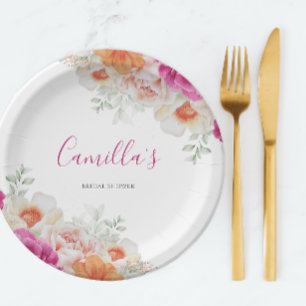 Bright Orange & Pink Watercolor Floral Paper Plate