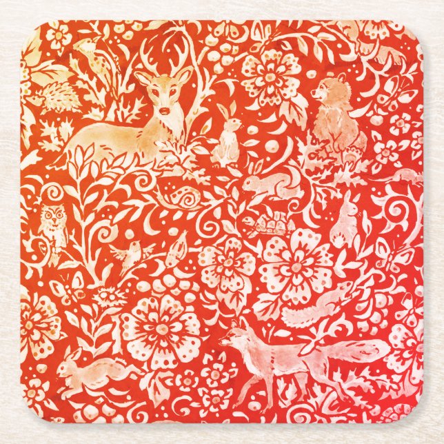 Bright Orange Red Fall Autumn Animal Forest Deer Square Paper Coaster (Front)