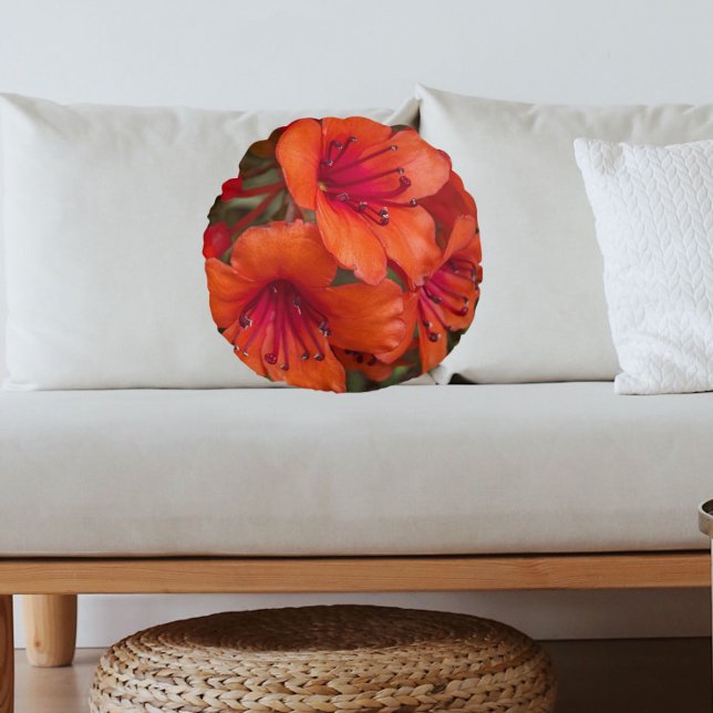 Bright Orange Rhododendron Blooms Floral Round Cushion (In Situ Sofa)