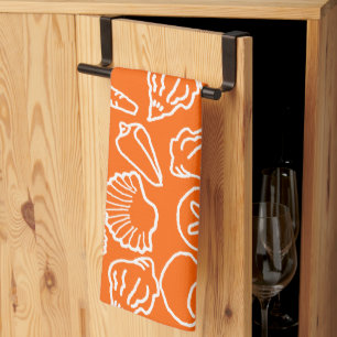 Bright Orange Seashell Art Pattern Kitchen Towel