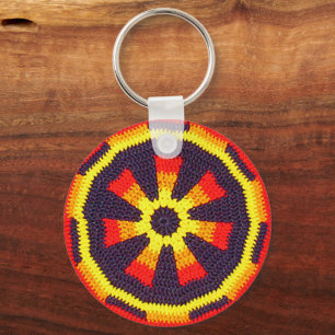Bright Orange Sunny Yellow Wheel Crochet Print on Key Ring