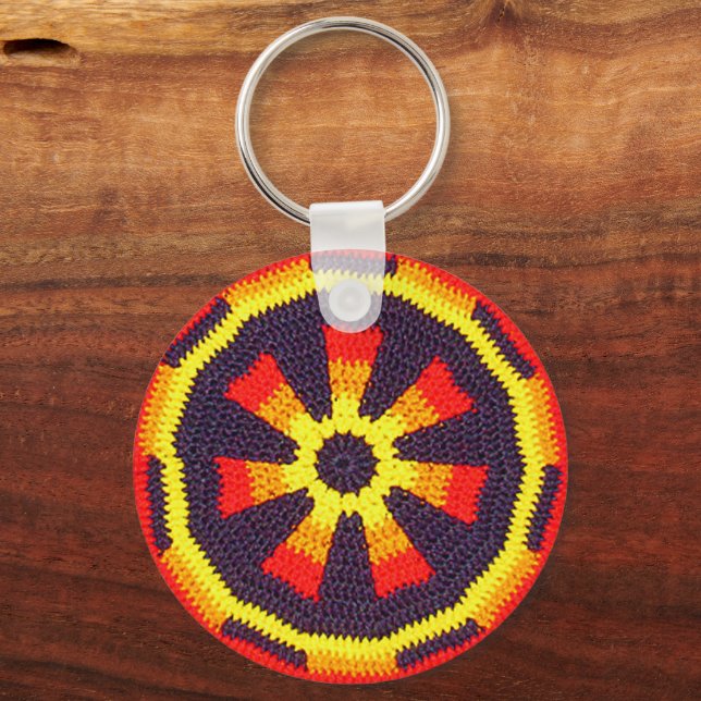 Bright Orange Sunny Yellow Wheel Crochet Print on Key Ring (Front)