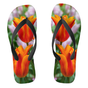 Bright orange tulips in the park thongs