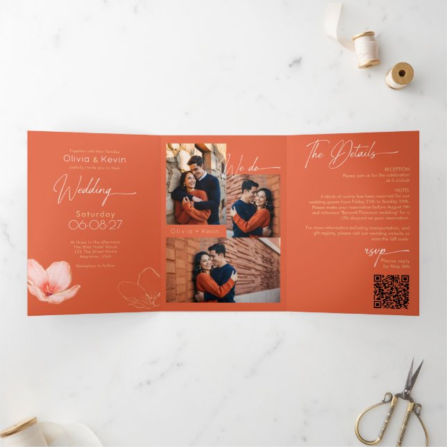 Bright orange Verona sunset complete wedding Tri-Fold Card (Inside)