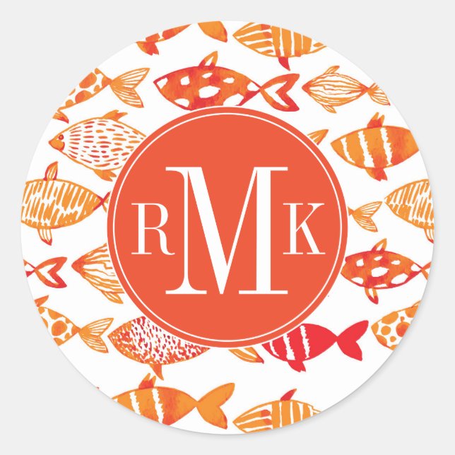 Bright Orange Watercolor Fish Pattern Classic Round Sticker (Front)