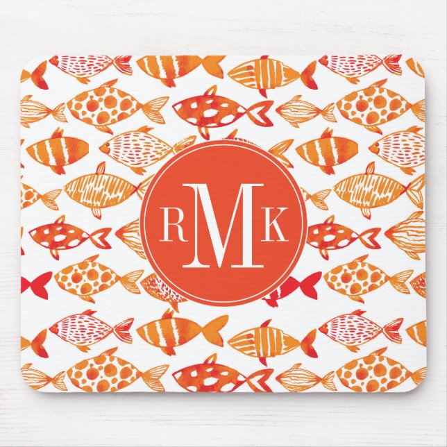 Bright Orange Watercolor Fish Pattern Mouse Pad (Front)