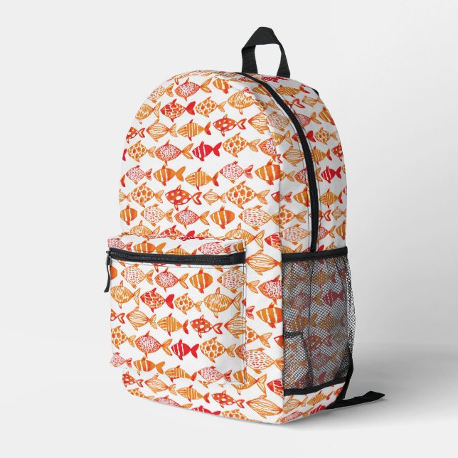 Bright Orange Watercolor Fish Pattern Printed Backpack (Back Corner Right)