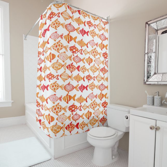 Bright Orange Watercolor Fish Pattern Shower Curtain (In Situ)