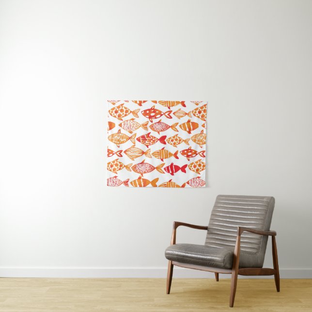 Bright Orange Watercolor Fish Pattern Tapestry (In Situ (Horizontal))