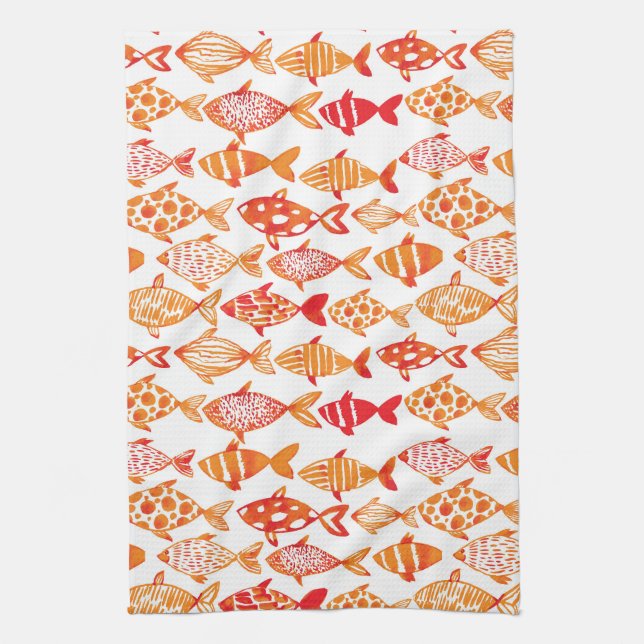 Bright Orange Watercolor Fish Pattern Tea Towel (Vertical)