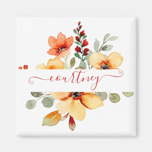 Bright orange watercolor floral personalised magnet