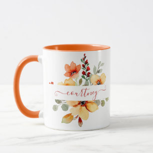 Bright orange watercolor floral personalised mug
