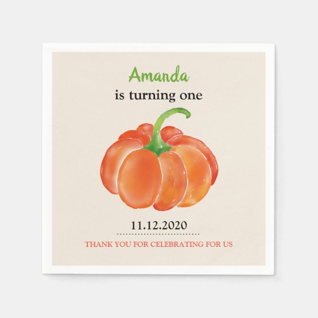Bright Orange Watercolor Pumpkin First Birthday Napkin (Front)