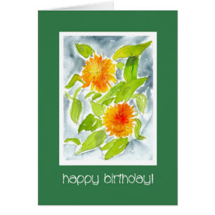 Bright Orange Watercolour Pot Marigolds Birthday